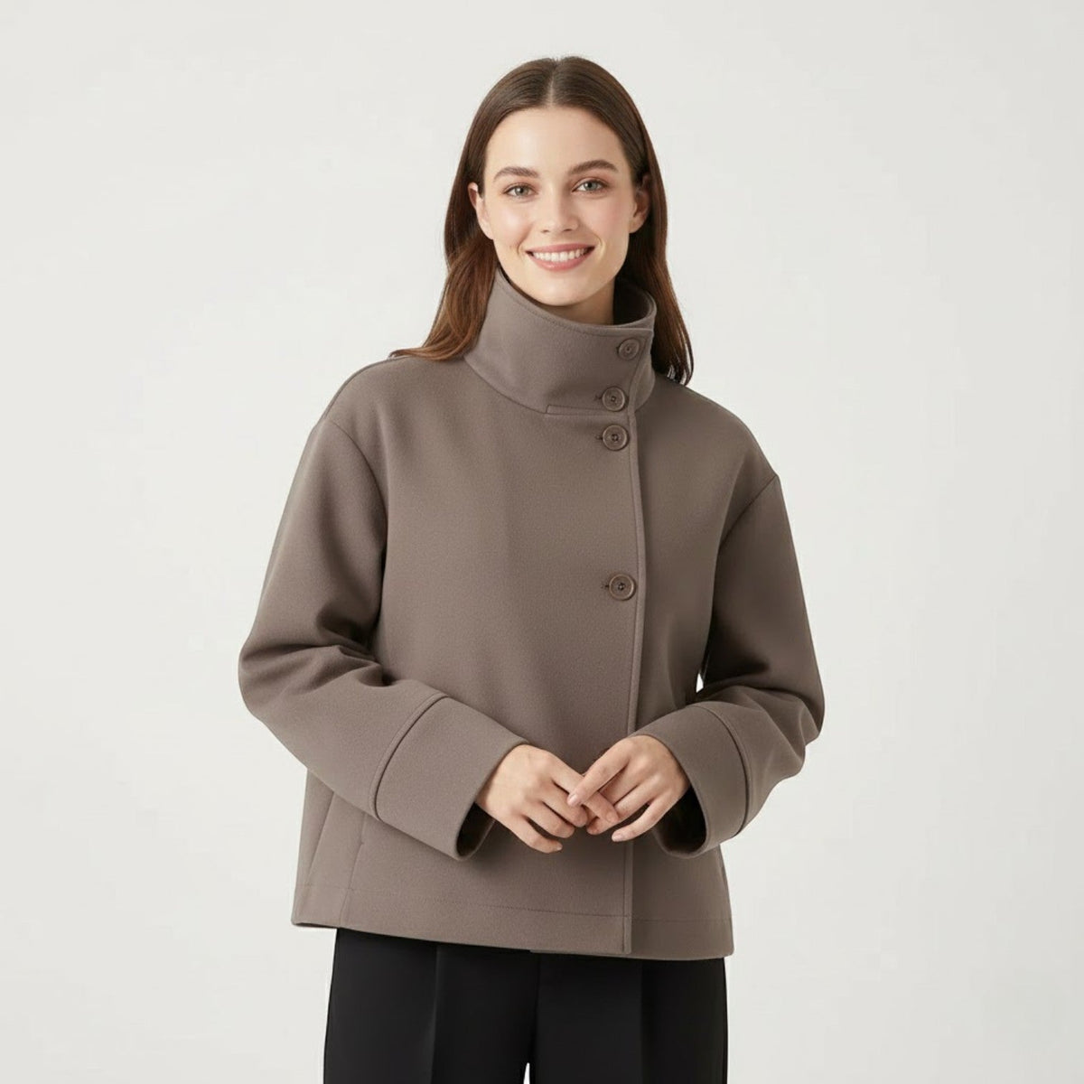 Women's Wool Blend Coat – Stand Collar Relaxed Fit