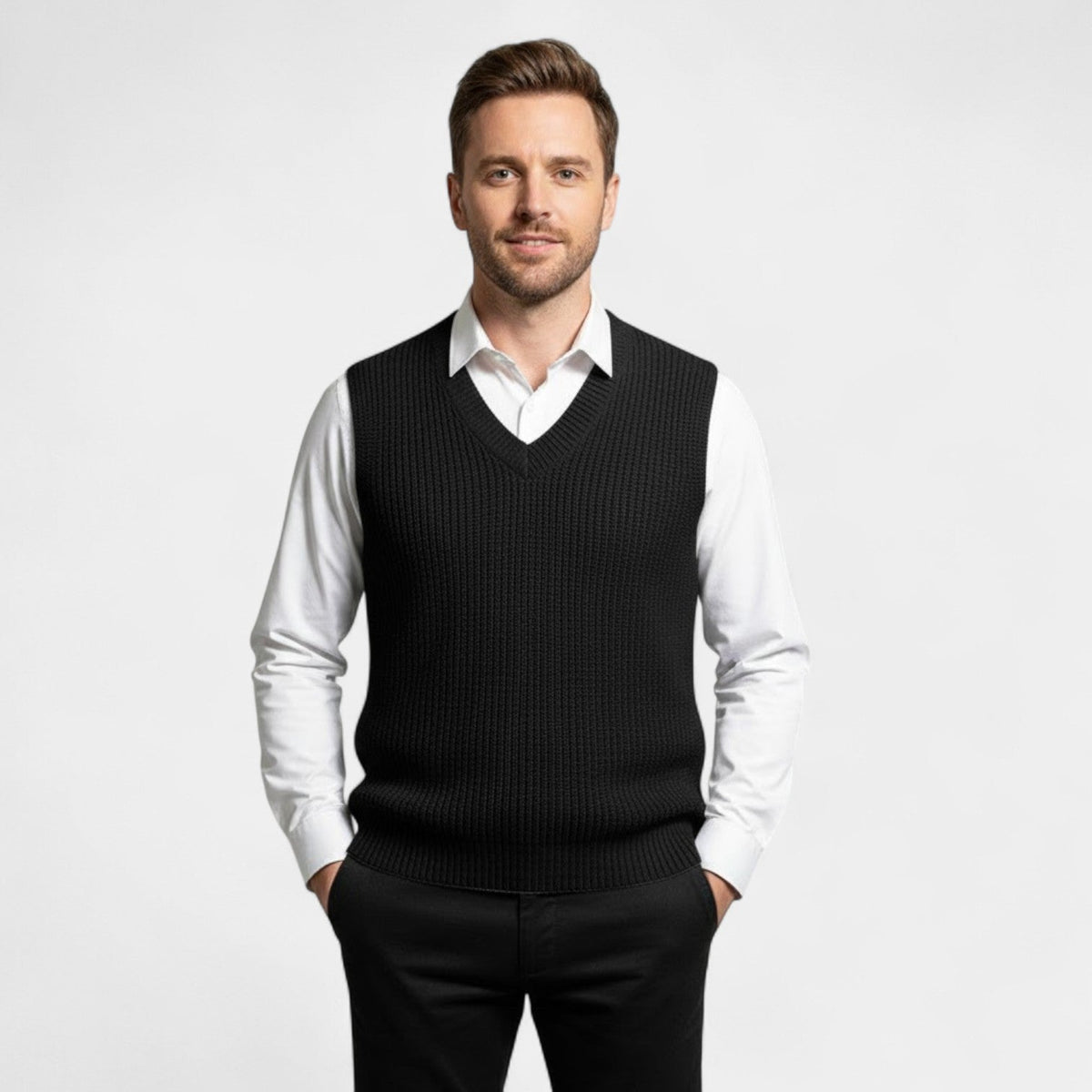 Men's V Neck Knitted Vest – Ribbed Trims and Straight Fit