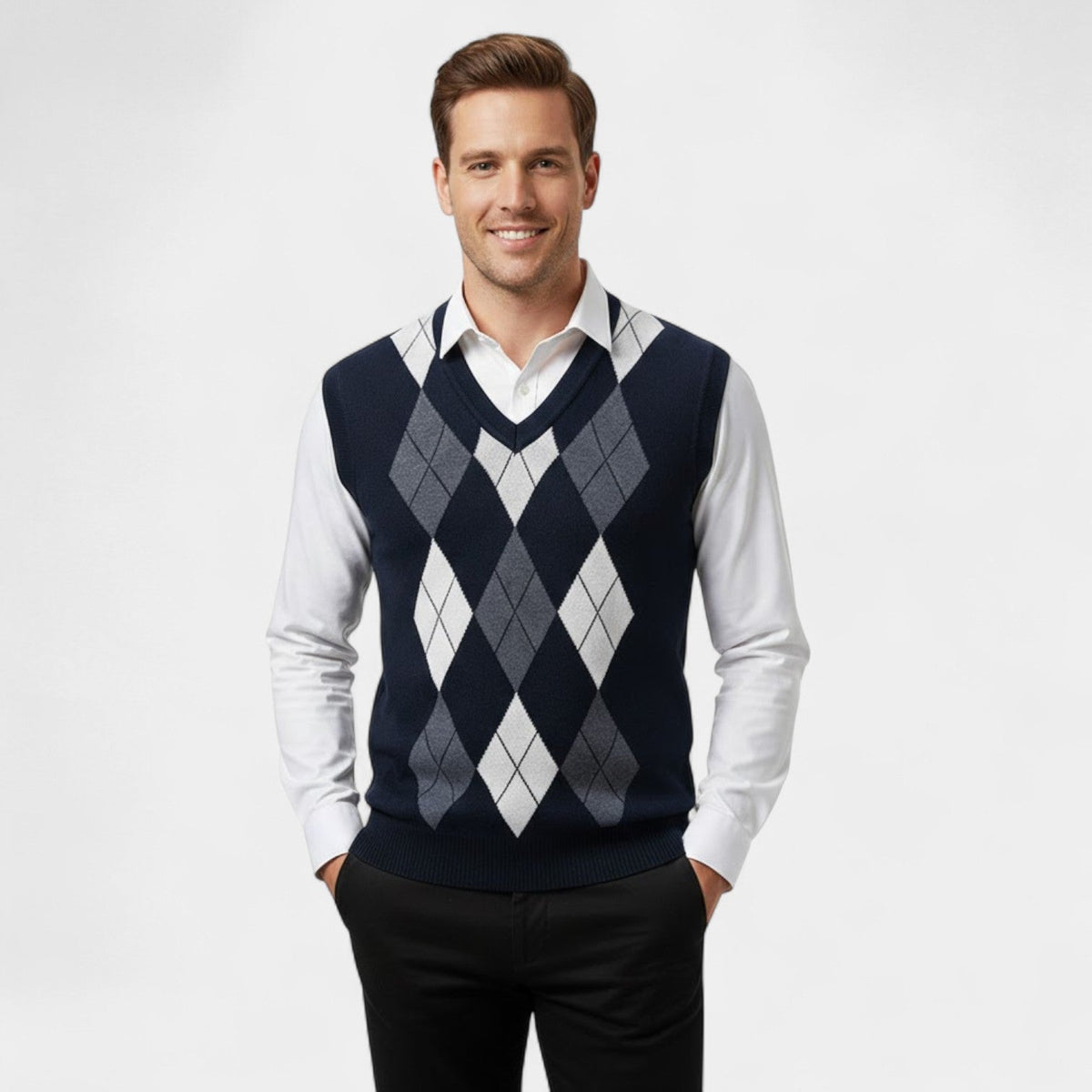 Men's Knitted Vest – Checked V-Neck, Sleeveless Cut
