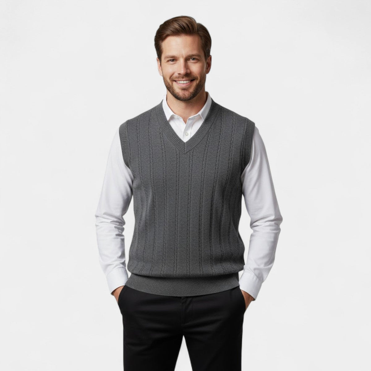 Men's Cable Knit Sleeveless Vest – Deep V Neckline