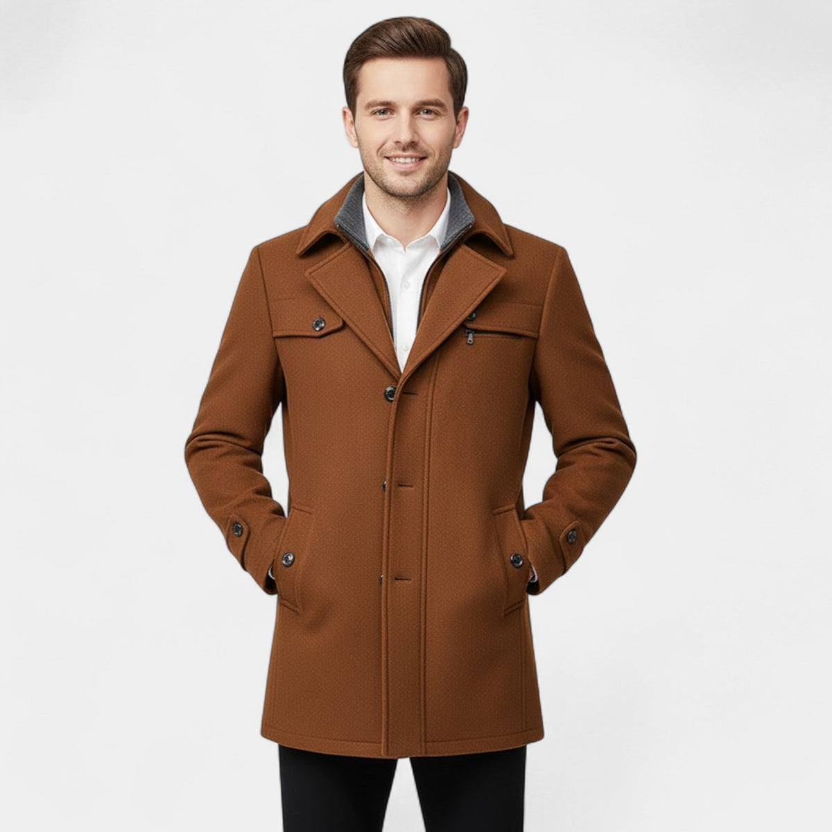 Men's Pure Wool Coat – Zip and Button Stand Collar
