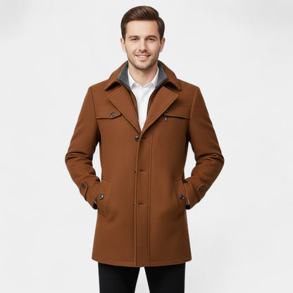 Men's Pure Wool Coat – Zip and Button Stand Collar