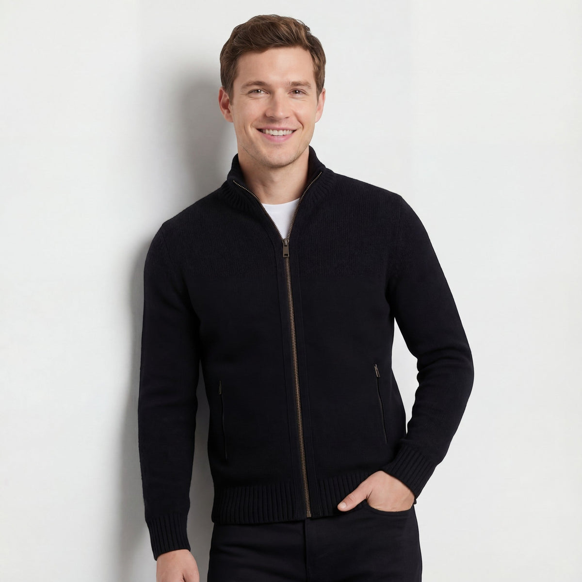 Men's Knitted Cardigan – Stand Collar Plain Fitted Cut