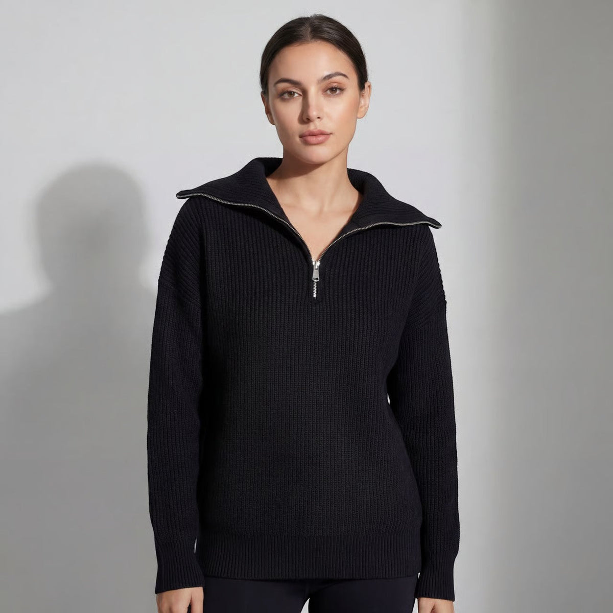 Women's Ribbed Half Zip Jumper – Relaxed Loose Fit