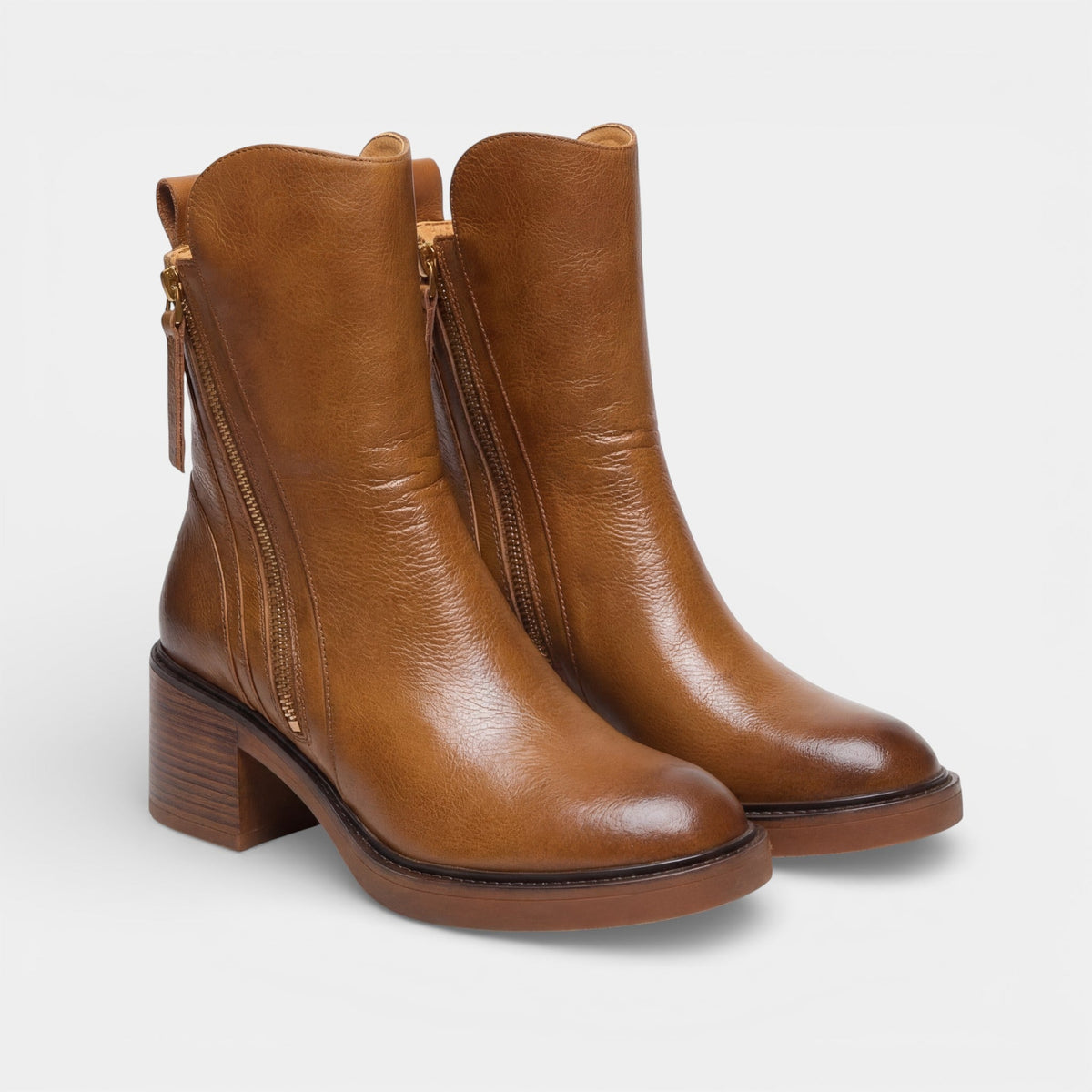 Women's Leather Ankle Boots – Block Heel Round Toe