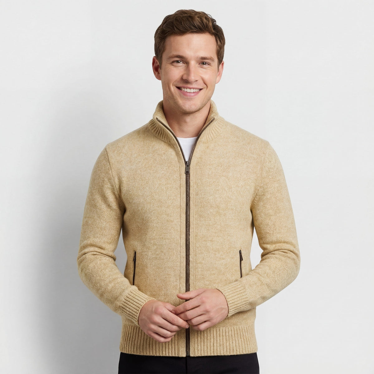 Men's Knitted Cardigan – Stand Collar Plain Fitted Cut