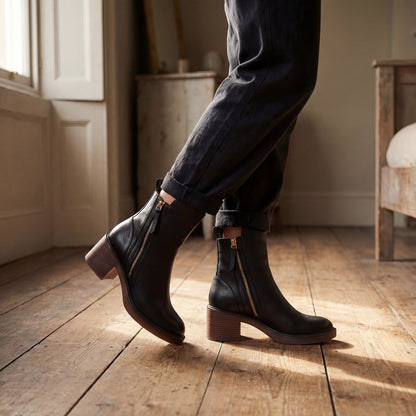 Women's Leather Ankle Boots – Block Heel Round Toe