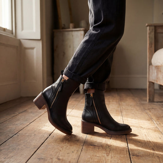 Women's Leather Ankle Boots – Block Heel Round Toe