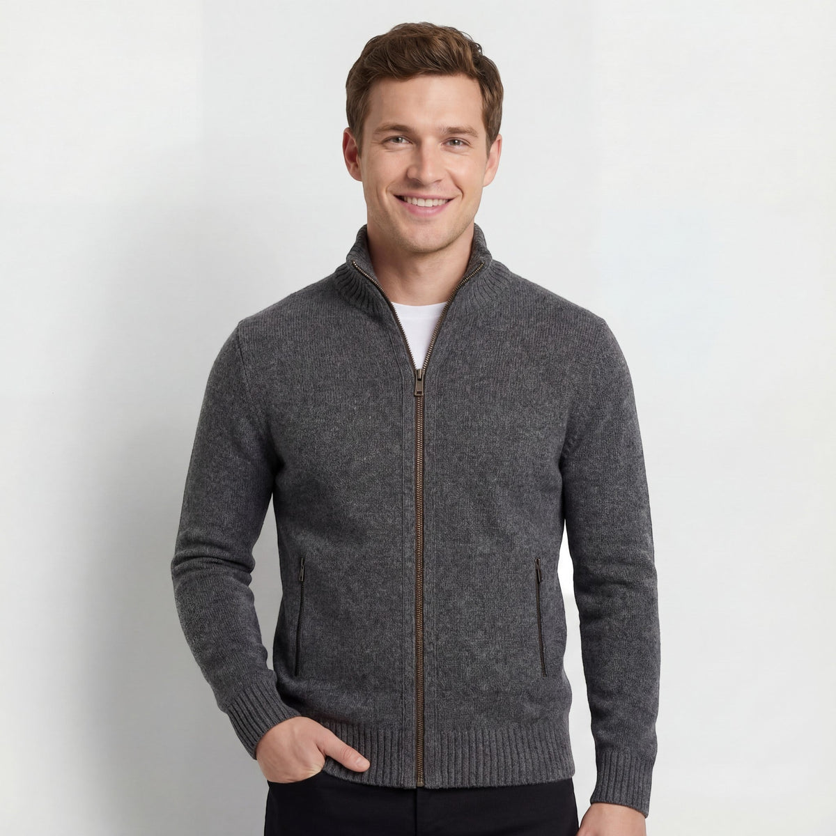 Men's Knitted Cardigan – Stand Collar Plain Fitted Cut