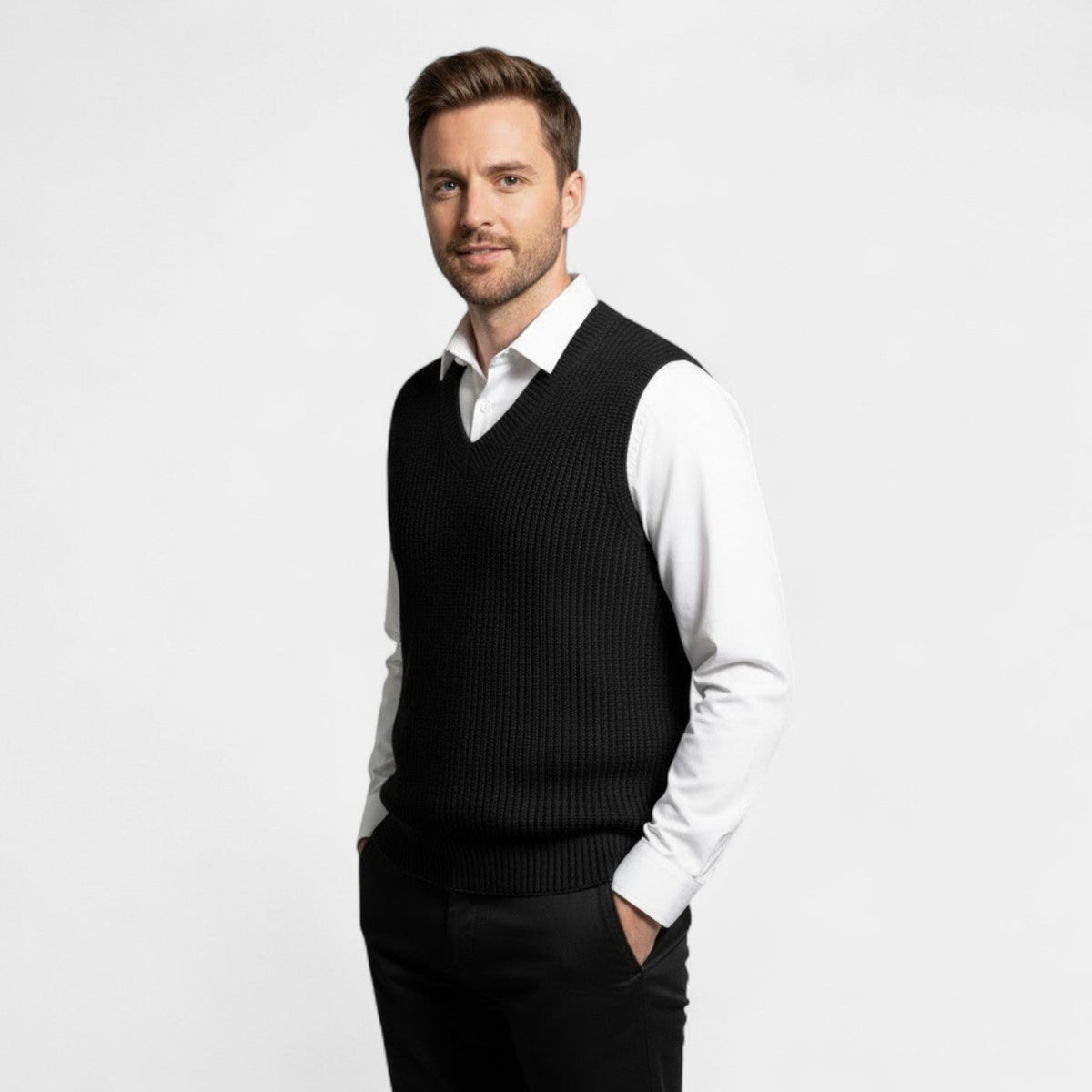 Men's V Neck Knitted Vest – Ribbed Trims and Straight Fit