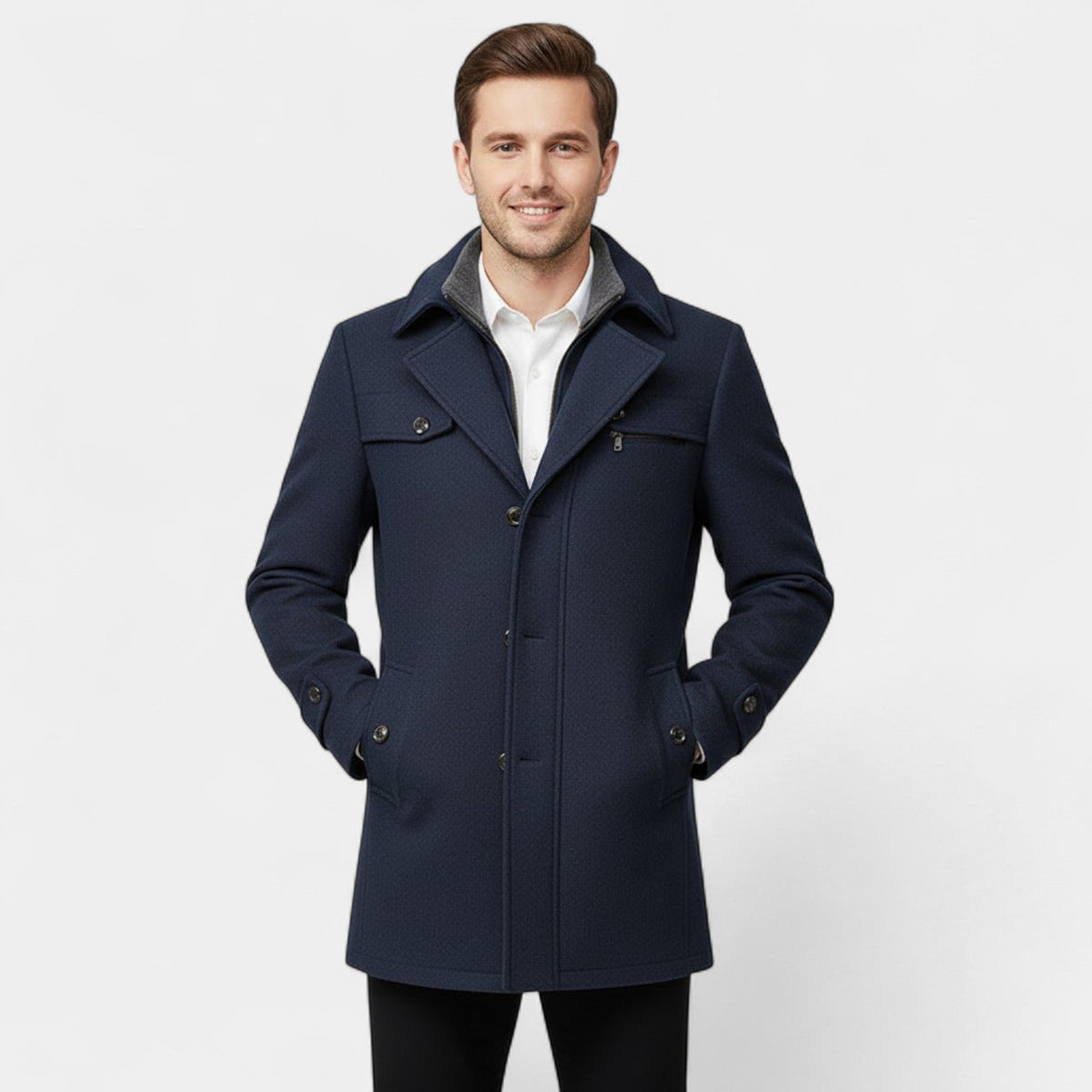 Men's Pure Wool Coat – Zip and Button Stand Collar