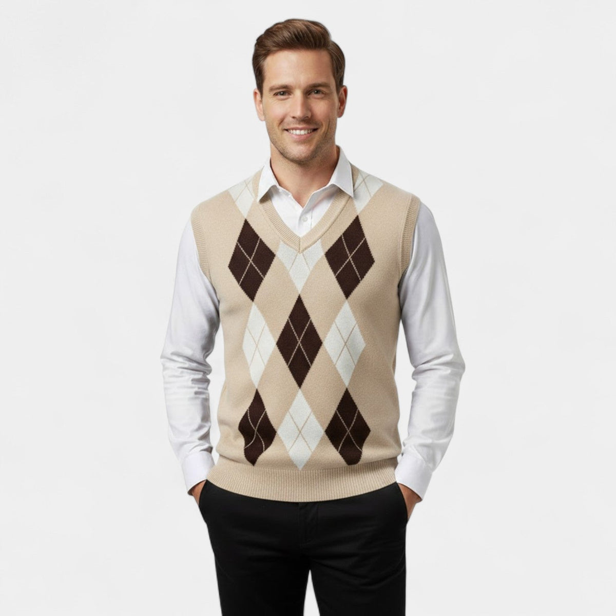 Men's Knitted Vest – Checked V-Neck, Sleeveless Cut
