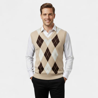 Men's Knitted Vest – Checked V-Neck, Sleeveless Cut