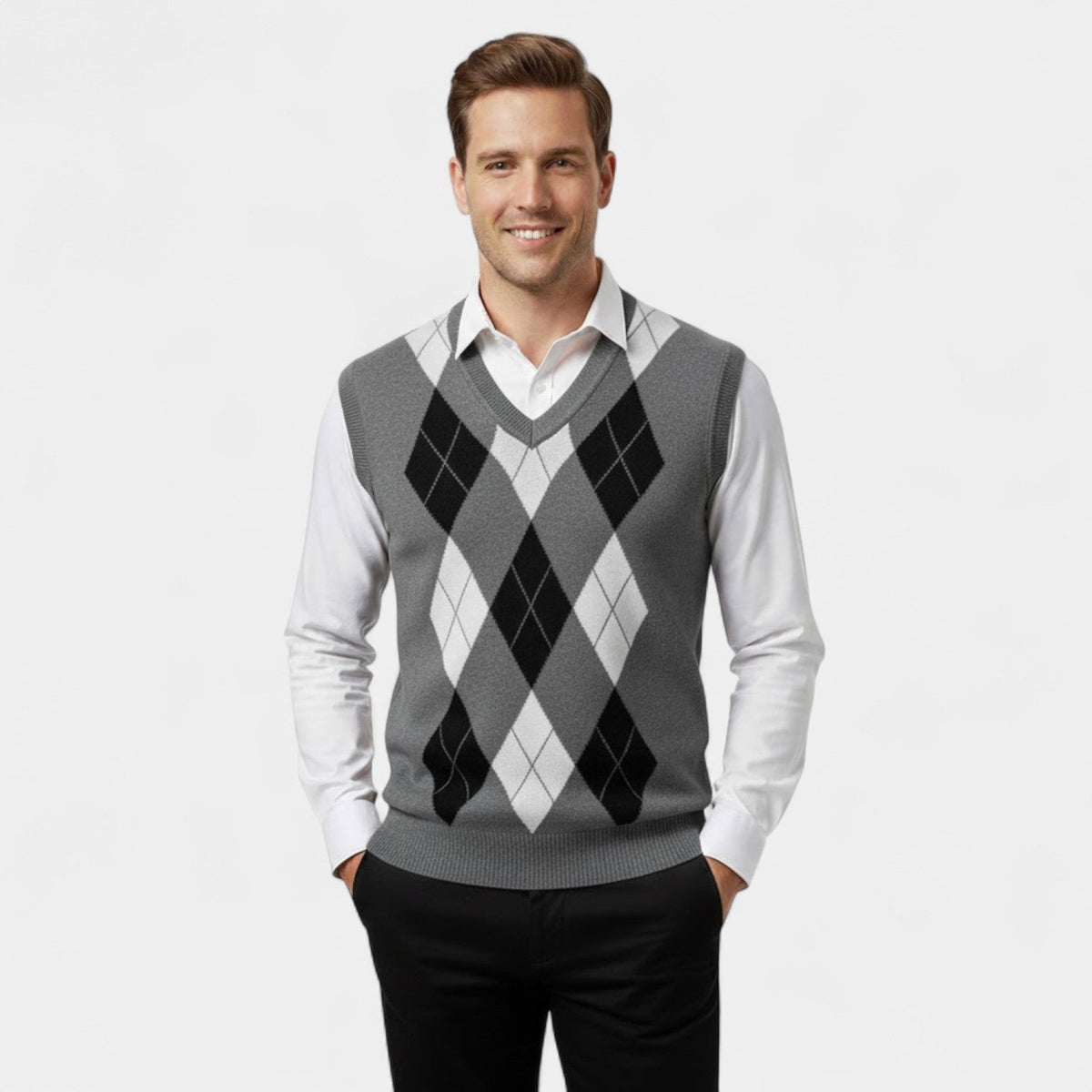 Men's Knitted Vest – Checked V-Neck, Sleeveless Cut