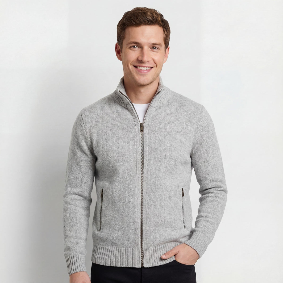 Men's Knitted Cardigan – Stand Collar Plain Fitted Cut