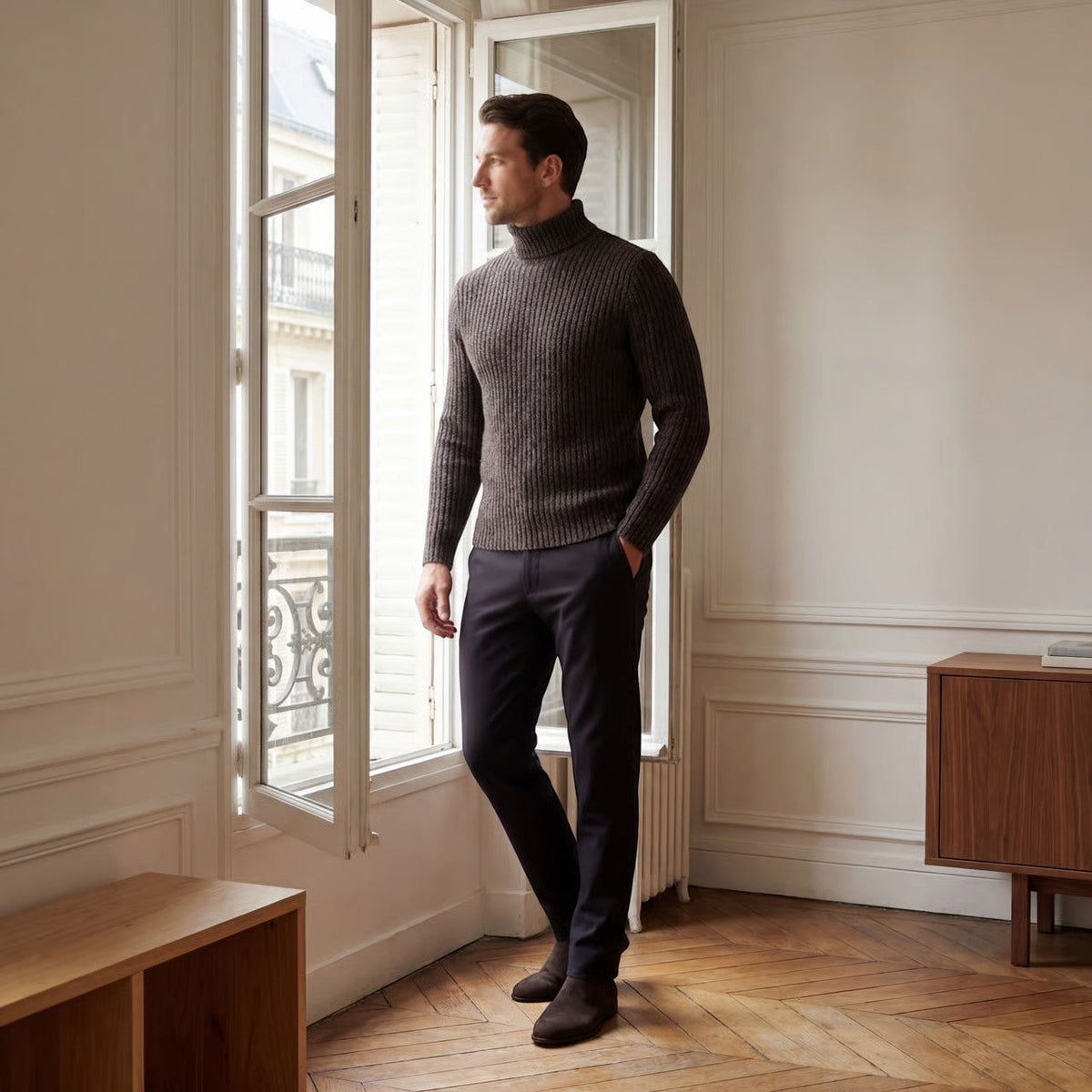Men's Roll Neck Jumper – Slim Fit Technical Wool Blend