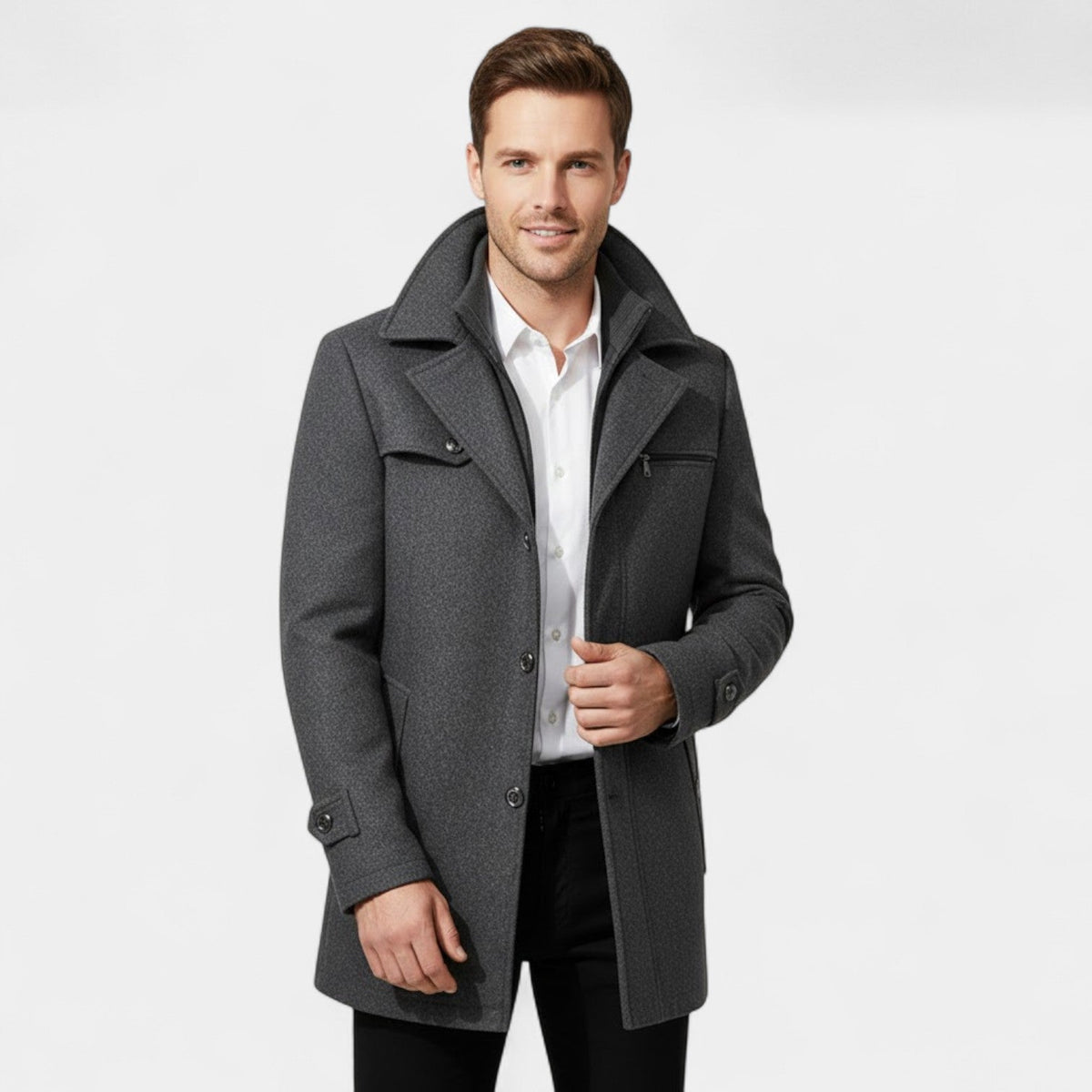 Men's Pure Wool Coat – Zip and Button Stand Collar