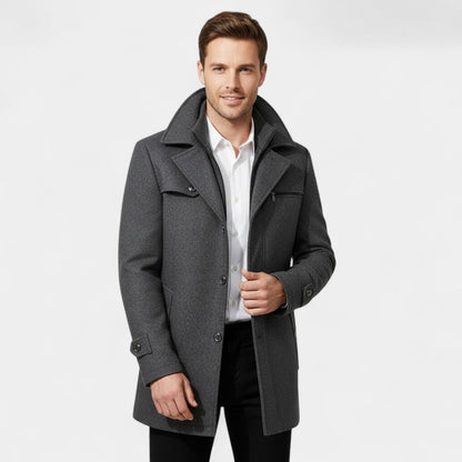 Men's Pure Wool Coat – Zip and Button Stand Collar