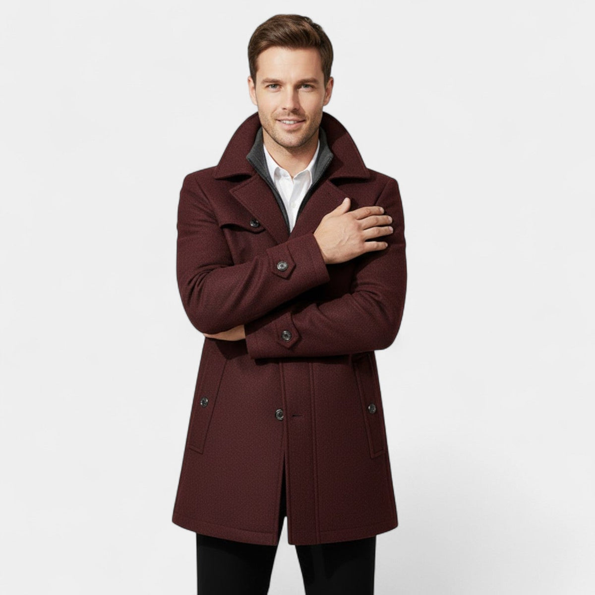 Men's Pure Wool Coat – Zip and Button Stand Collar