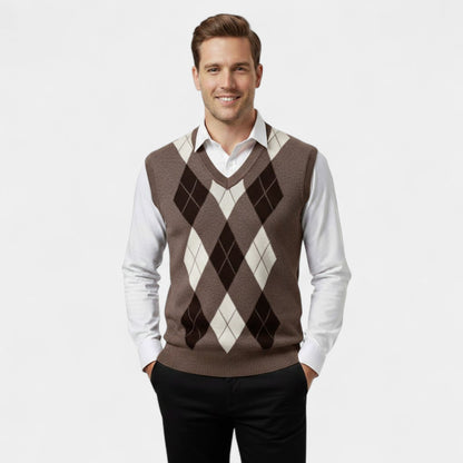 Men's Knitted Vest – Checked V-Neck, Sleeveless Cut