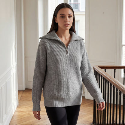 Women's Ribbed Half Zip Jumper – Relaxed Loose Fit