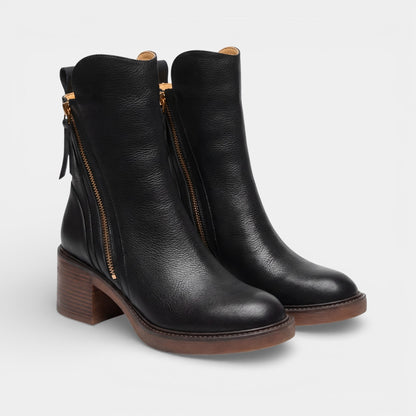 Women's Leather Ankle Boots – Block Heel Round Toe