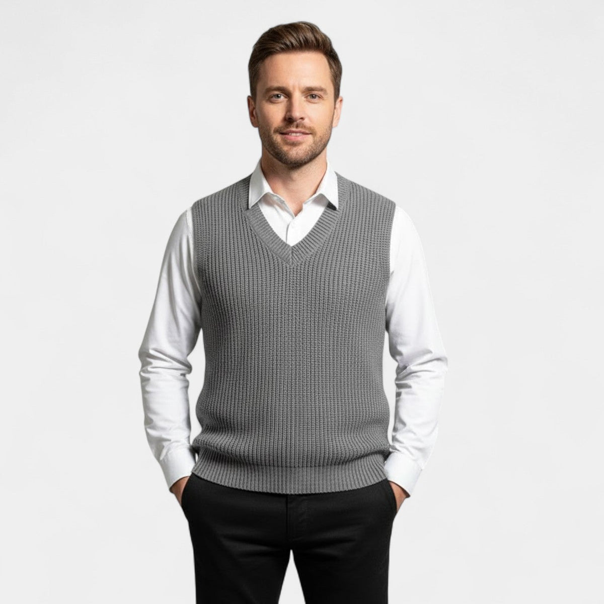 Men's V Neck Knitted Vest – Ribbed Trims and Straight Fit