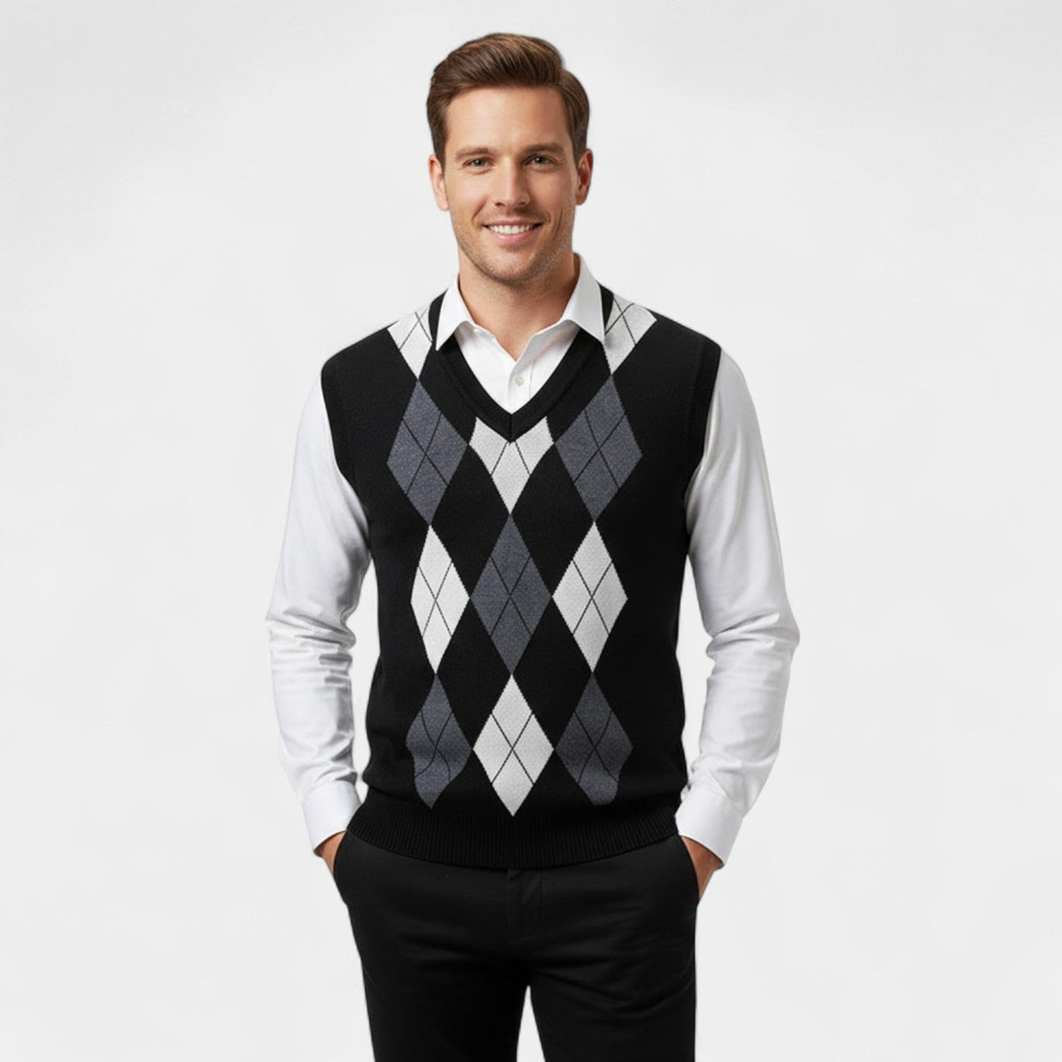 Men's Knitted Vest – Checked V-Neck, Sleeveless Cut