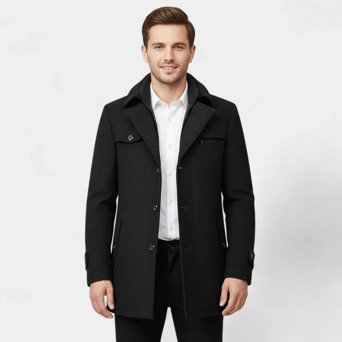 Men's Pure Wool Coat – Zip and Button Stand Collar