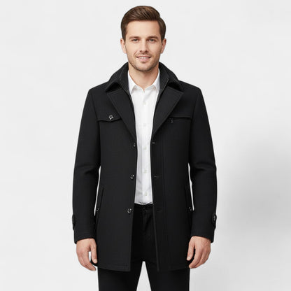 Men's Pure Wool Coat – Zip and Button Stand Collar