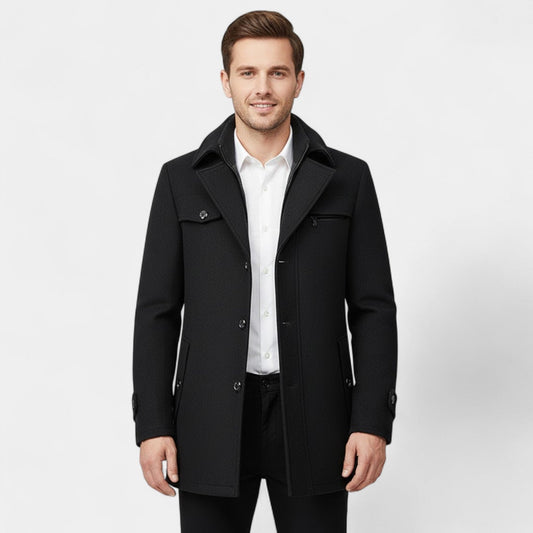 Men's Pure Wool Coat – Zip and Button Stand Collar