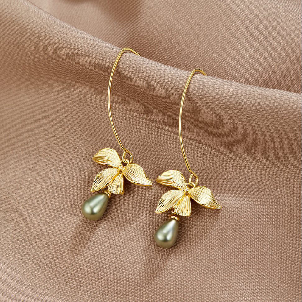 Petal and Pearl Drop Earrings in Jade Green
