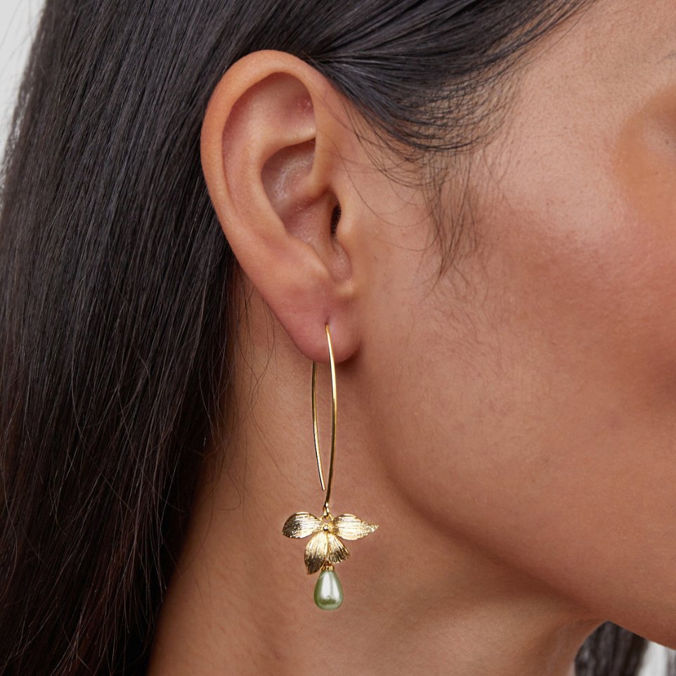 Petal and Pearl Drop Earrings in Jade Green