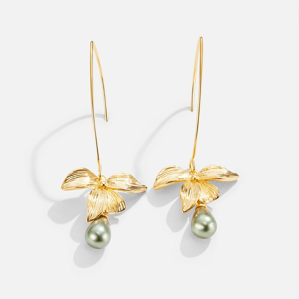 Petal and Pearl Drop Earrings in Jade Green