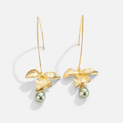 Petal and Pearl Drop Earrings in Jade Green