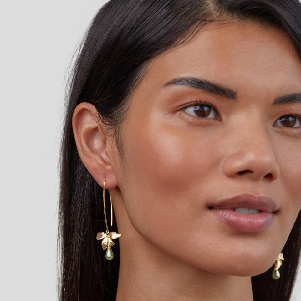 Petal and Pearl Drop Earrings in Jade Green