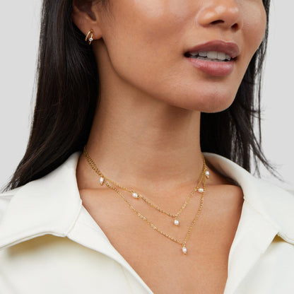 Kayla Pearl Drop on Slim Doubled Chains Necklace
