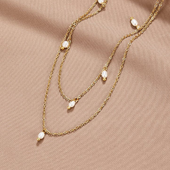 Kayla Pearl Drop on Slim Doubled Chains Necklace