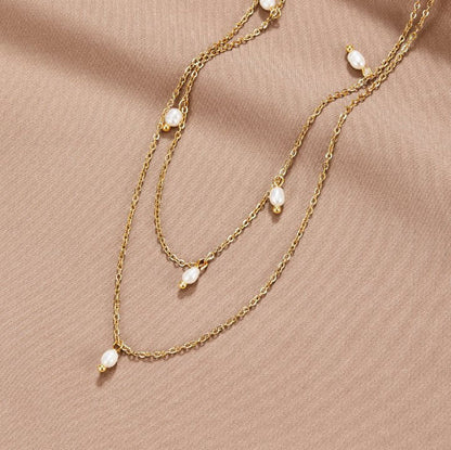 Kayla Pearl Drop on Slim Doubled Chains Necklace