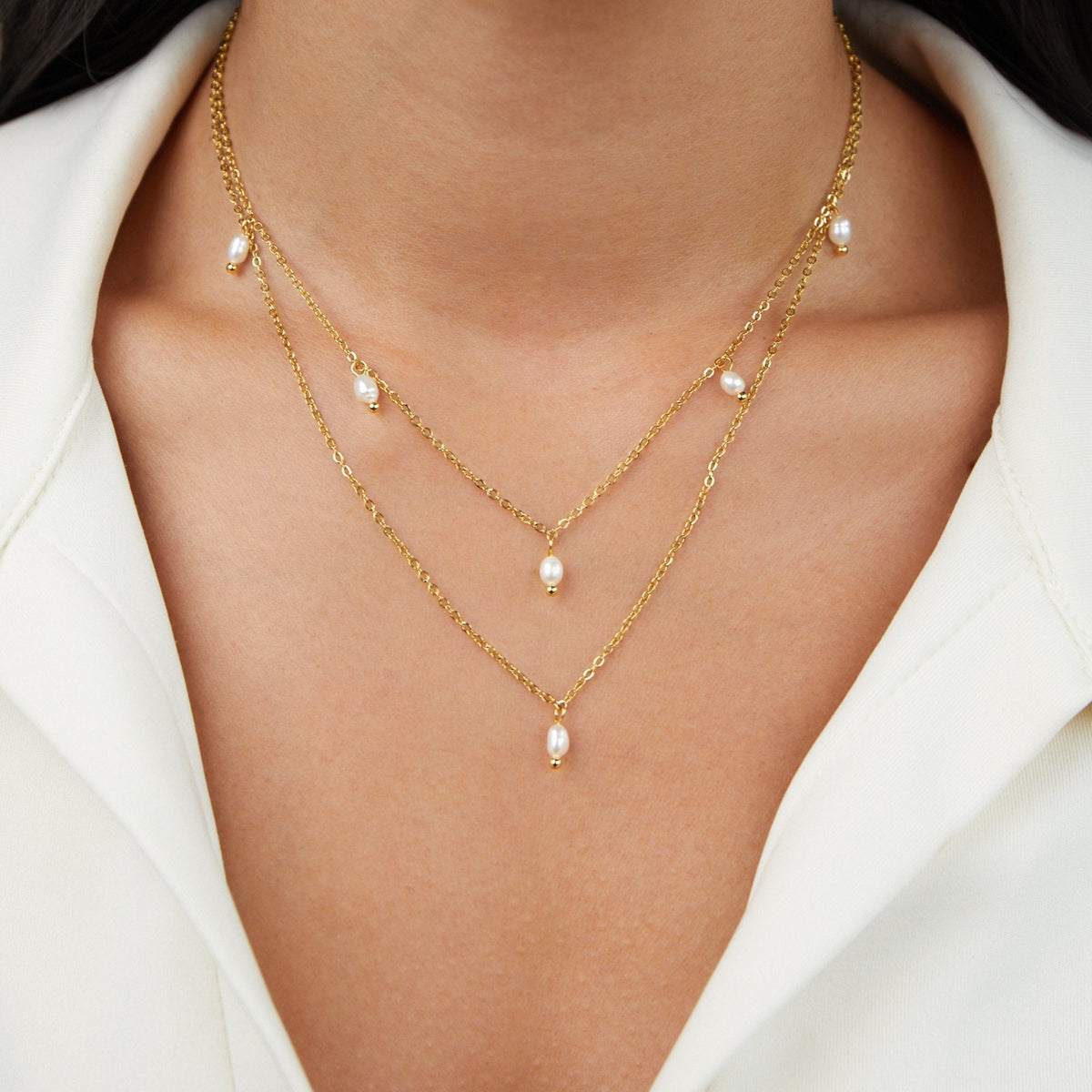 Kayla Pearl Drop on Slim Doubled Chains Necklace