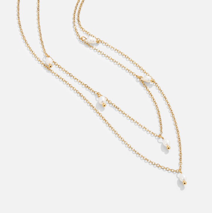 Kayla Pearl Drop on Slim Doubled Chains Necklace