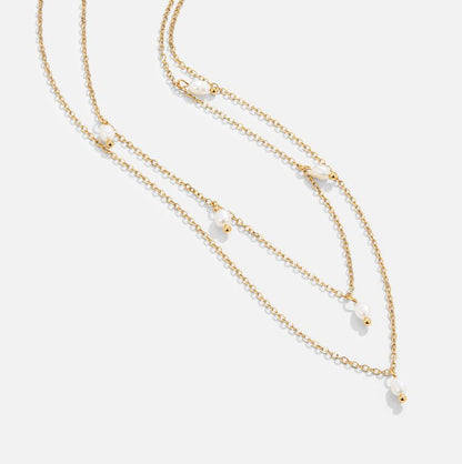 Kayla Pearl Drop on Slim Doubled Chains Necklace