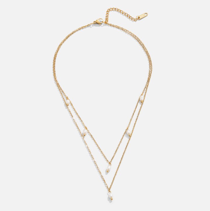 Kayla Pearl Drop on Slim Doubled Chains Necklace