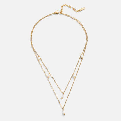 Kayla Pearl Drop on Slim Doubled Chains Necklace