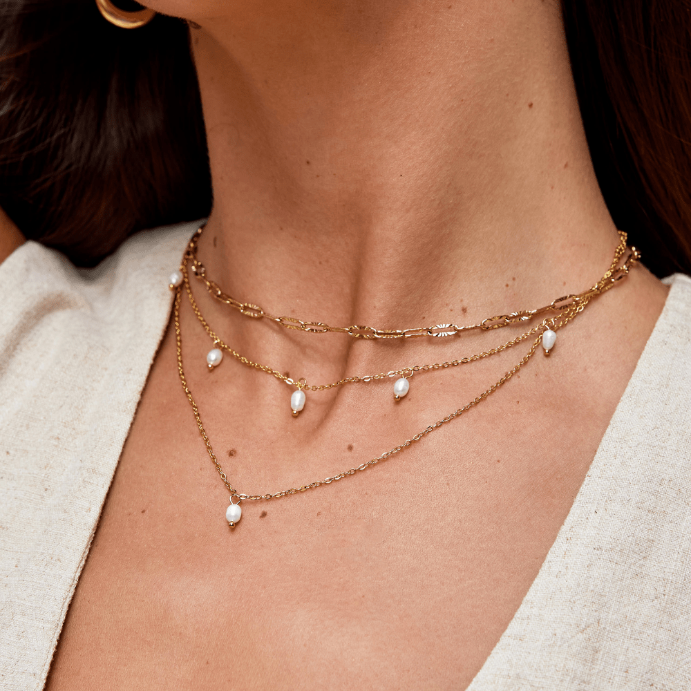 Kayla Pearl Drop on Slim Doubled Chains Necklace