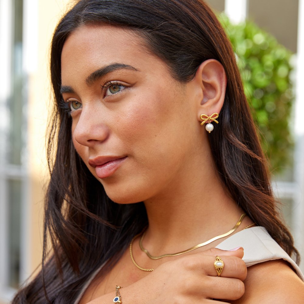 Laila Ribbon Bow and Pearl Drop Earrings