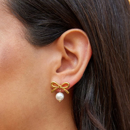 Laila Ribbon Bow and Pearl Drop Earrings