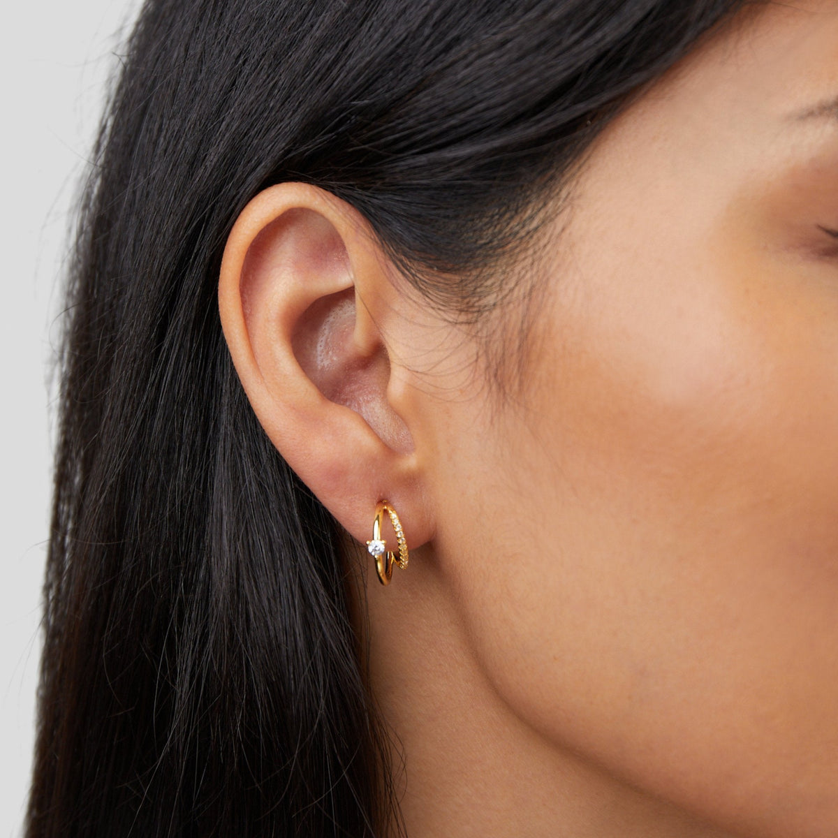 Double-Layered Crystal Hoop Earrings in Gold-Tone