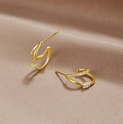 Double-Layered Crystal Hoop Earrings in Gold-Tone