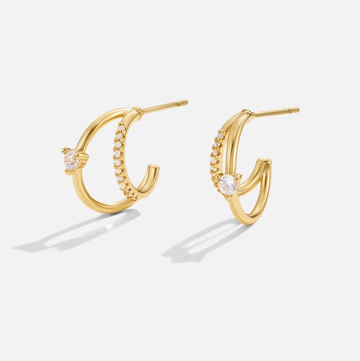 Double-Layered Crystal Hoop Earrings in Gold-Tone
